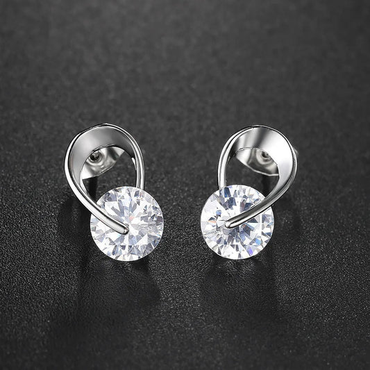 Classic Silver Sparkling Clear Gemstone Curved Earrings-Mialla Jewelry