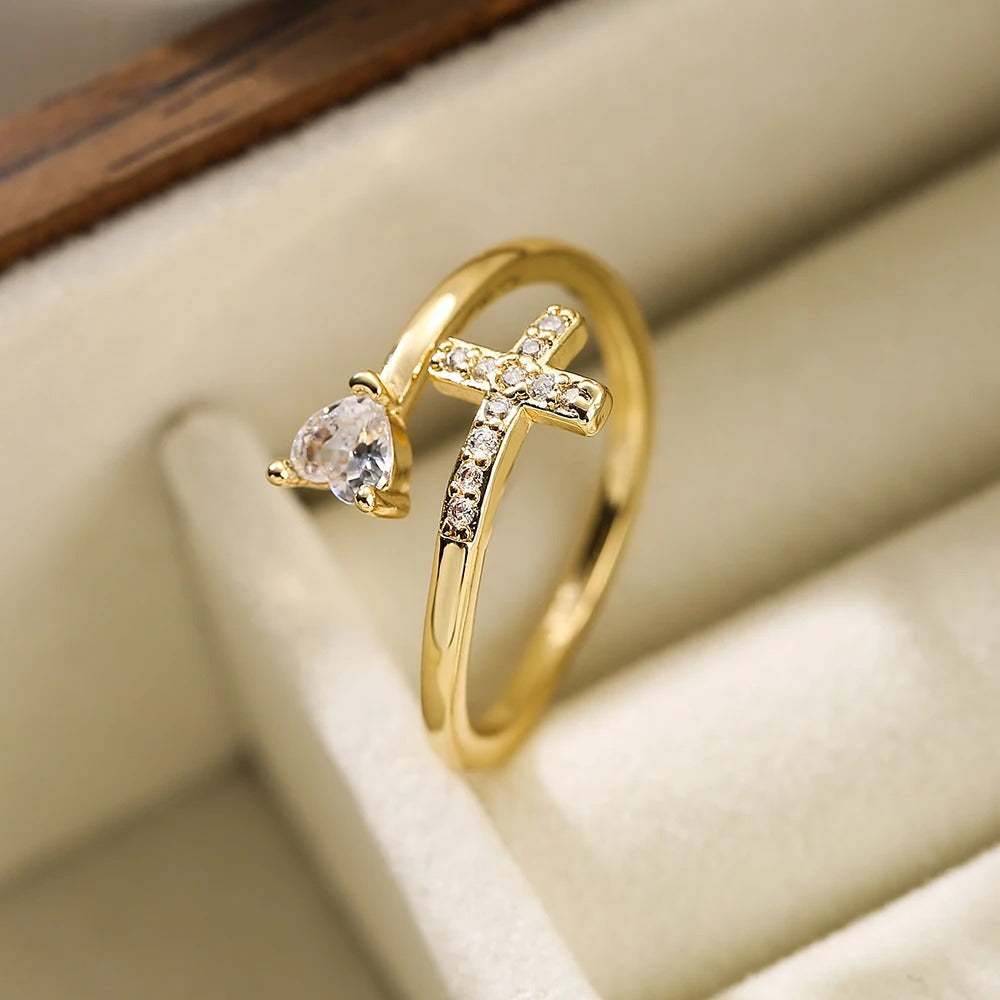 Gold Sparkling Heart Cross Resizable Ring-Mialla Jewelry