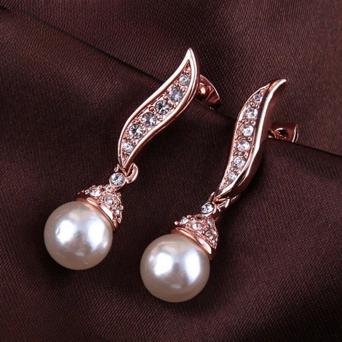 Vintage Rose Gold Pearl Drop & Sparkling Crystal Earrings-Mialla Jewelry