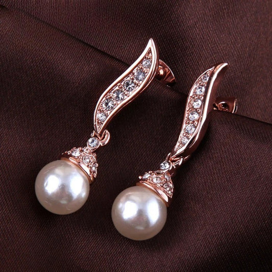 Vintage Rose Gold Pearl Drop & Sparkling Crystal Earrings-Mialla Jewelry