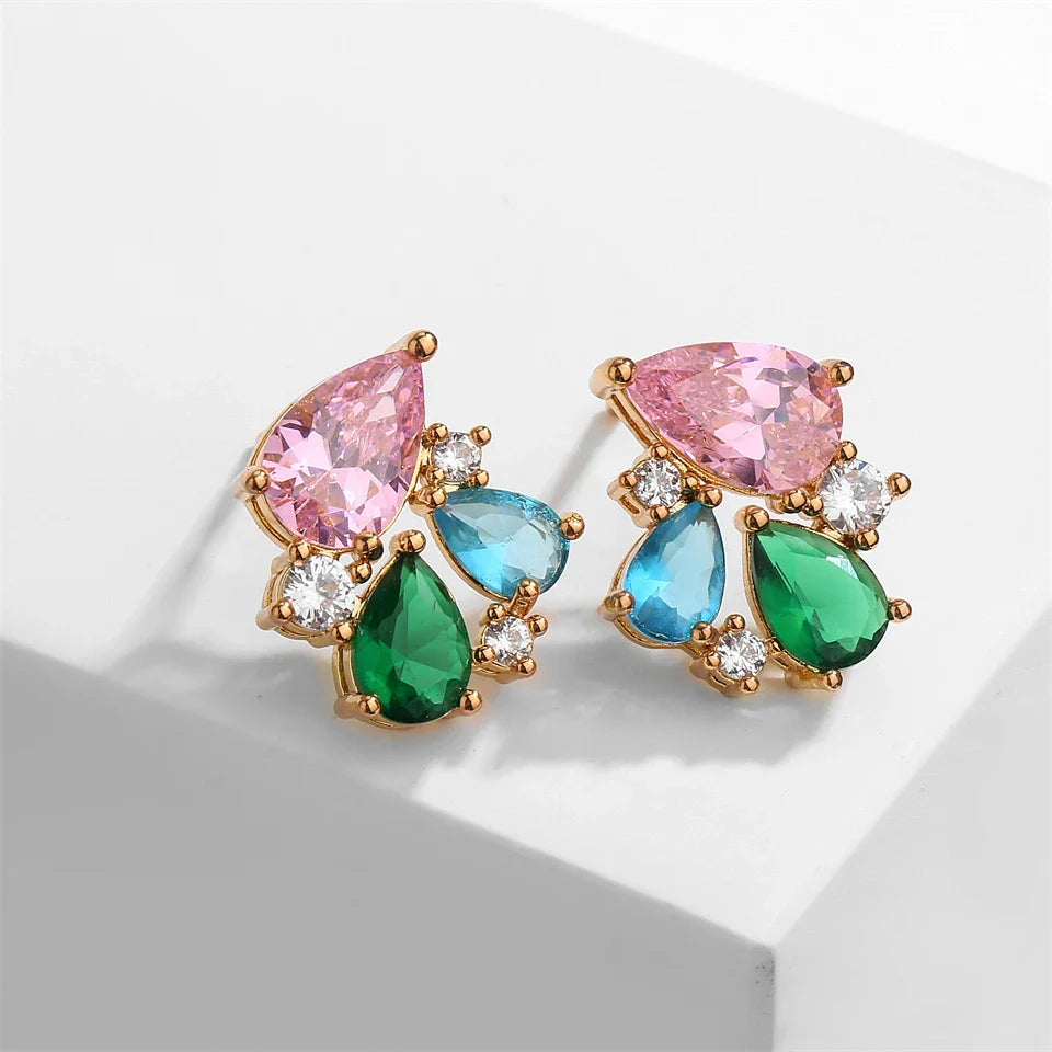 Vintage Gold Multicolor Cluster Earrings-Mialla Jewelry