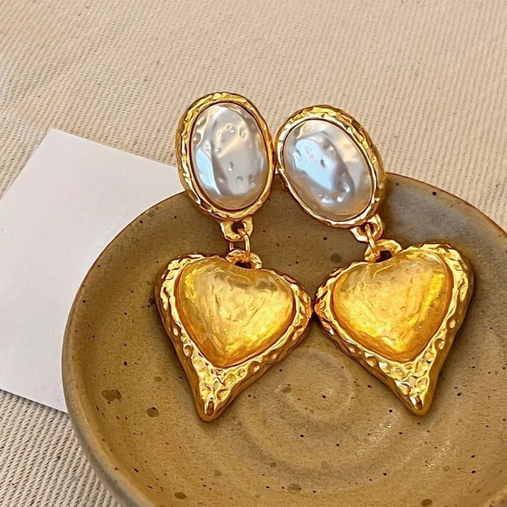 Vintage Pearl & Gold Heart Design Earrings-Mialla Jewelry