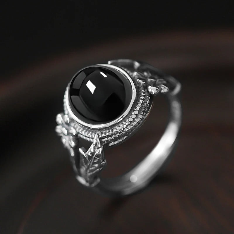 Vintage Black Crystal Flower Silver Ring-Mialla Jewelry