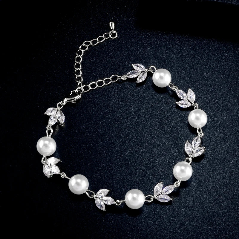 Silver Crystal Leaf & Pearl Bracelet-Mialla Jewelry