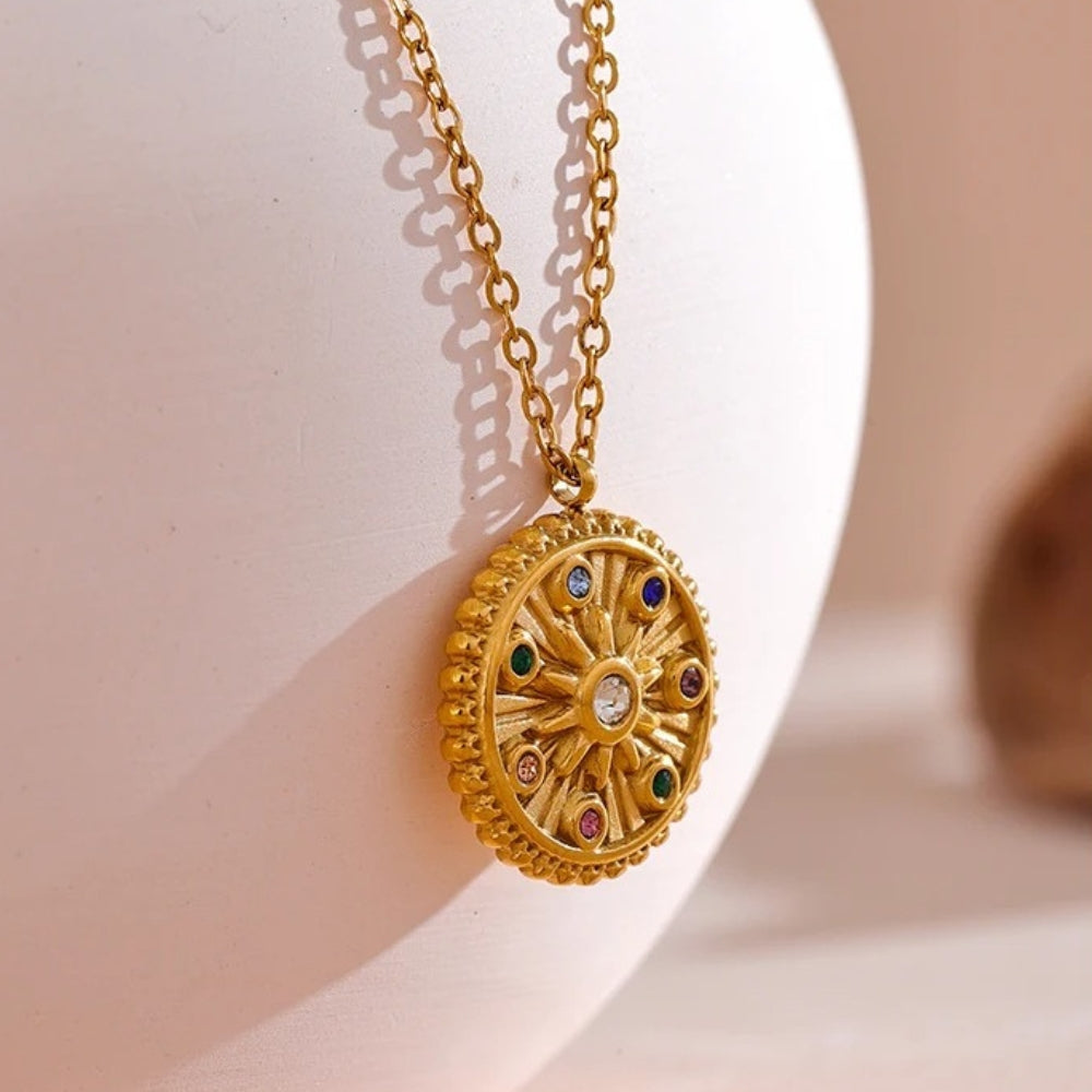 Vintage Multicolor Stone Gold Necklace-Mialla Jewelry