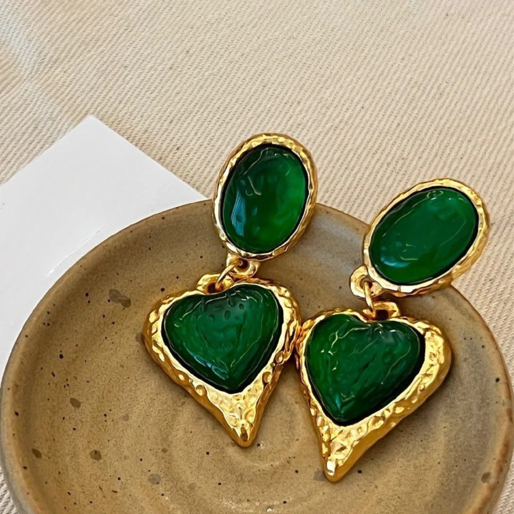 Timeless Gold Green Heart-Shaped Gemstones & Oval Earrings-Mialla Jewelry