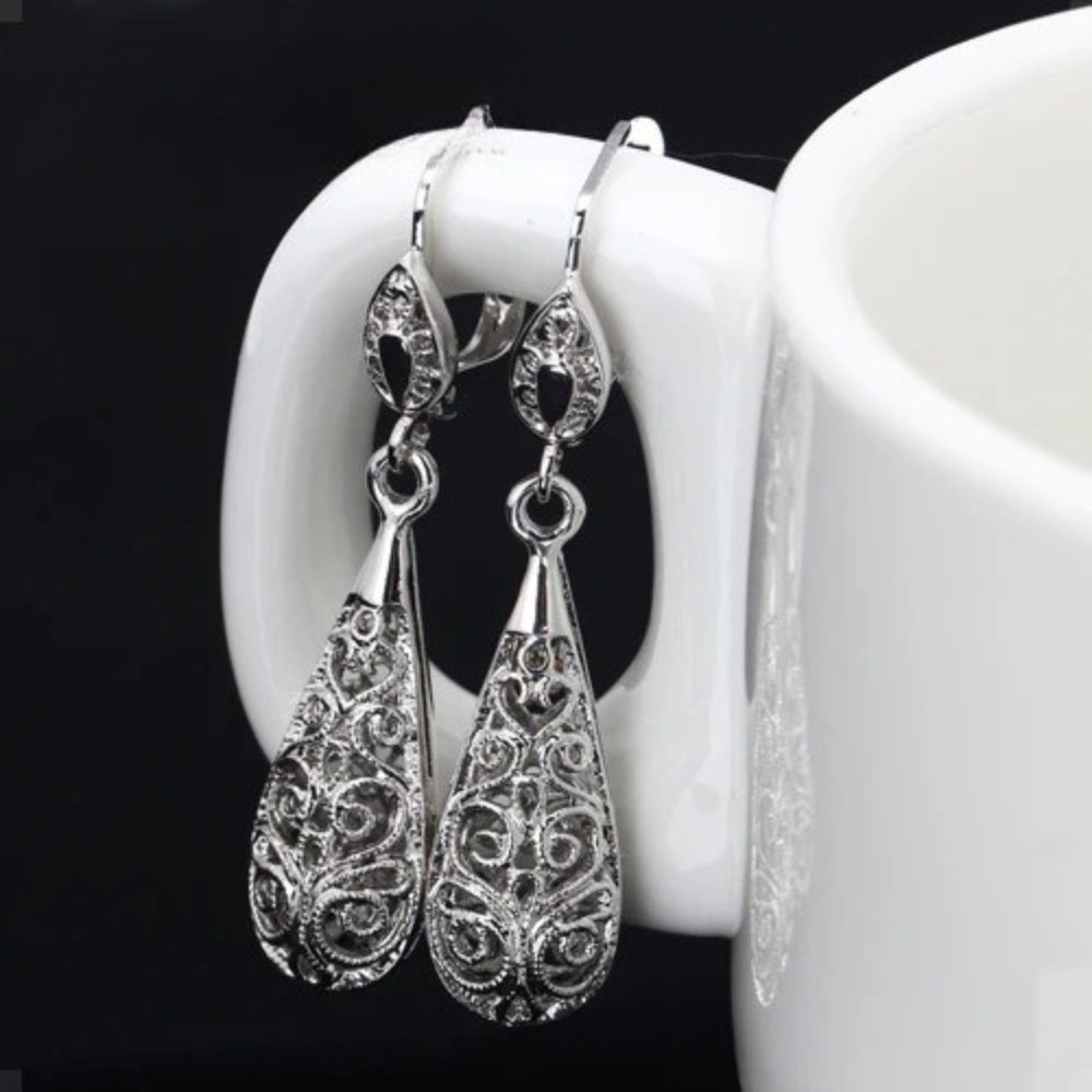 Timeless Silver Delicate Filigree Pattern Teardrop Earrings-Mialla Jewelry
