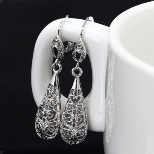 Timeless Silver Delicate Filigree Pattern Teardrop Earrings-Mialla Jewelry