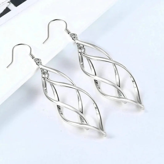 Silver Sculpted Geometric Design Twist Dangle Earrings-Mialla Jewelry