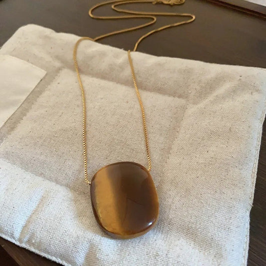 Vintage Oval Tiger Eye Stone Pendant Long Necklace-Mialla Jewelry