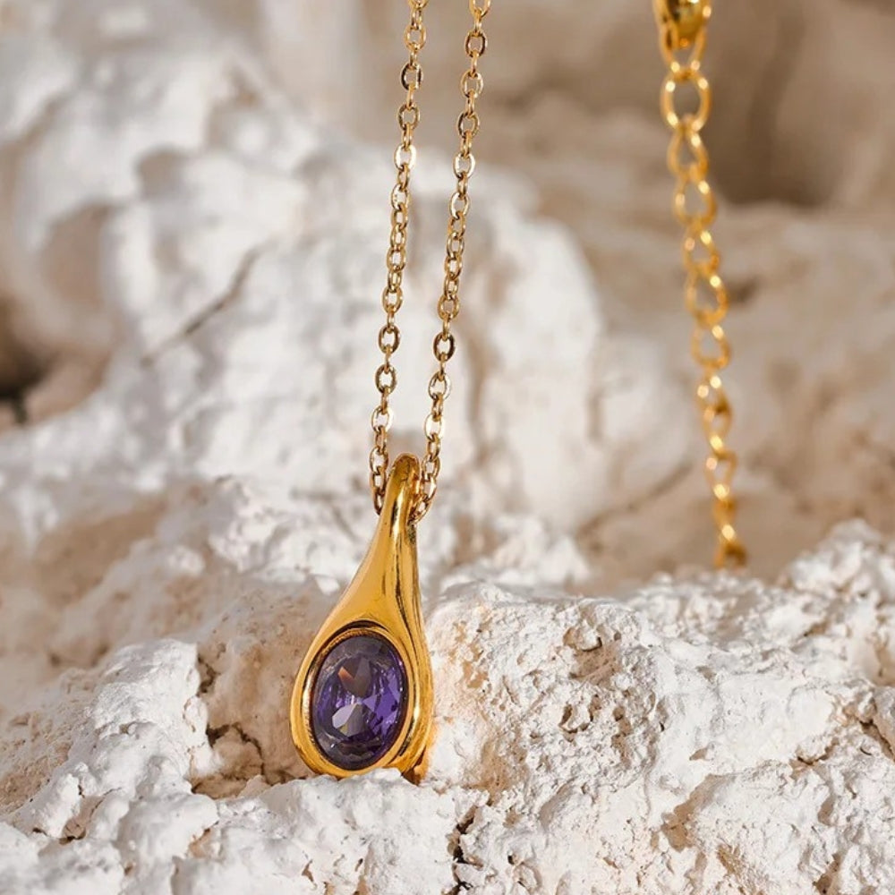 Vintage Gold Purple Teardrop Necklace-Mialla Jewelry