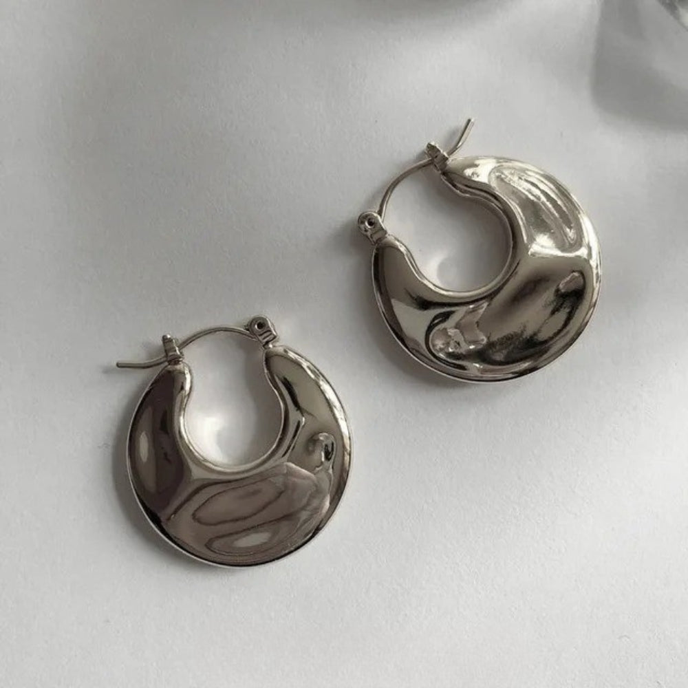 Silver Shiny Crescent Chunky Hoop Earrings-Mialla Jewelry