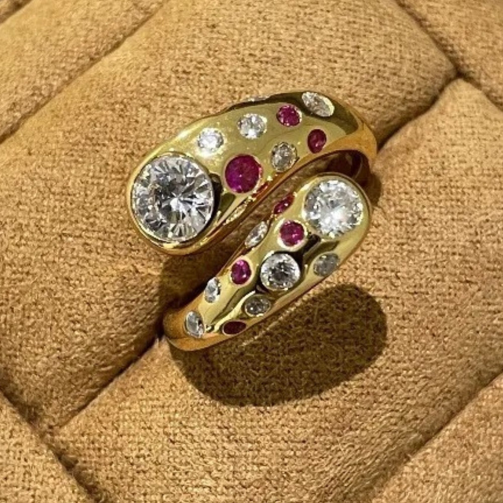 Vintage Gold & Swirl Crystal Round Diamond Adjustable Ring-Mialla Jewelry