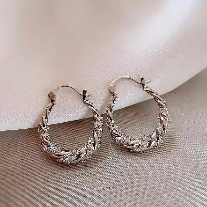 Vintage Twisted Crystal Silver Hoop Earrings-Mialla Jewelry