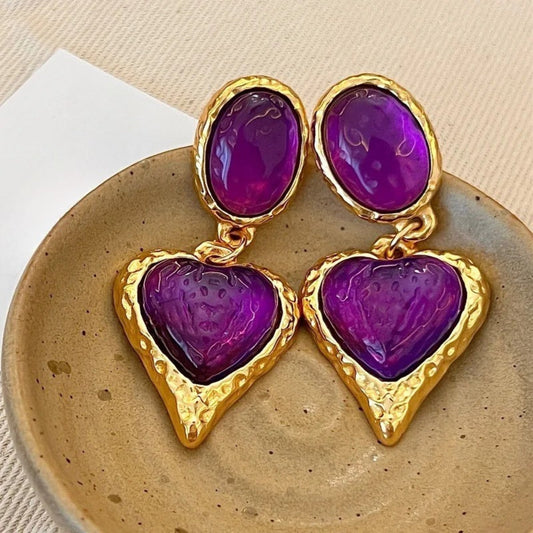 Classic Gold Purple Heart-Shaped Gemstone Earrings-Mialla Jewelry