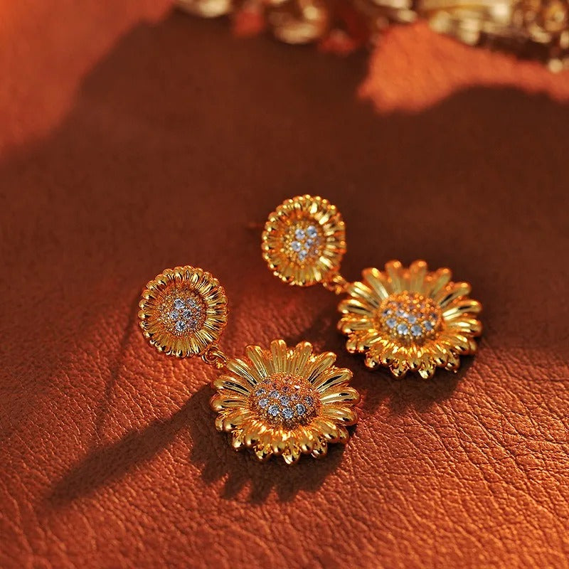 Vintage Gold Sunflower Drop Earrings-Mialla Jewelry