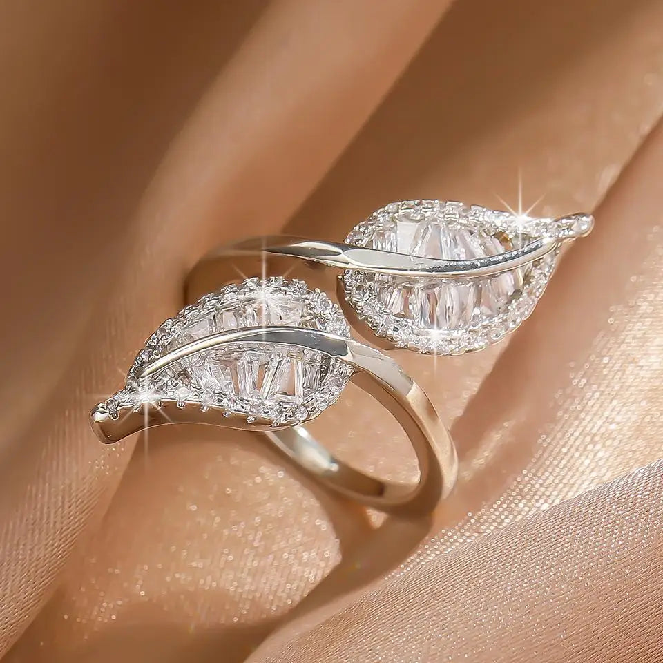 Vintage Silver Leaf Crystal Adjustable Ring-Mialla Jewelry