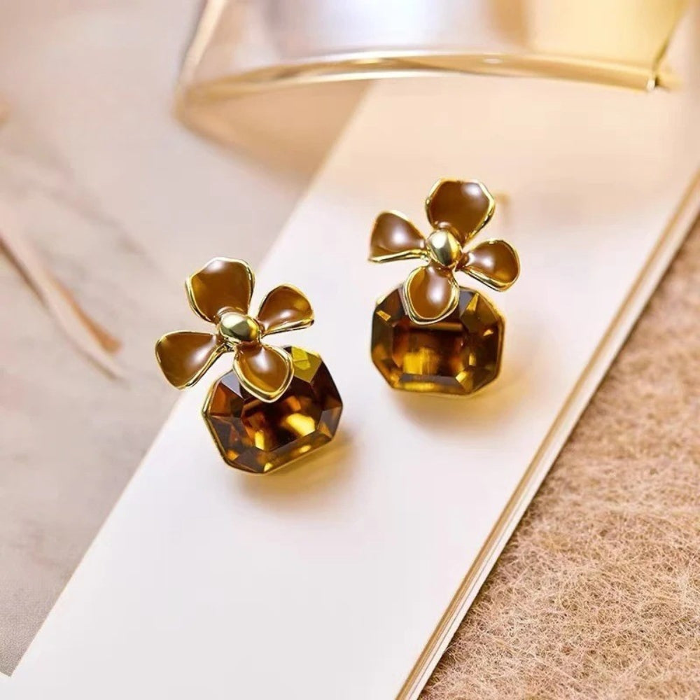 Vintage Brown Flower Crystal Pendant Earrings-Mialla Jewelry
