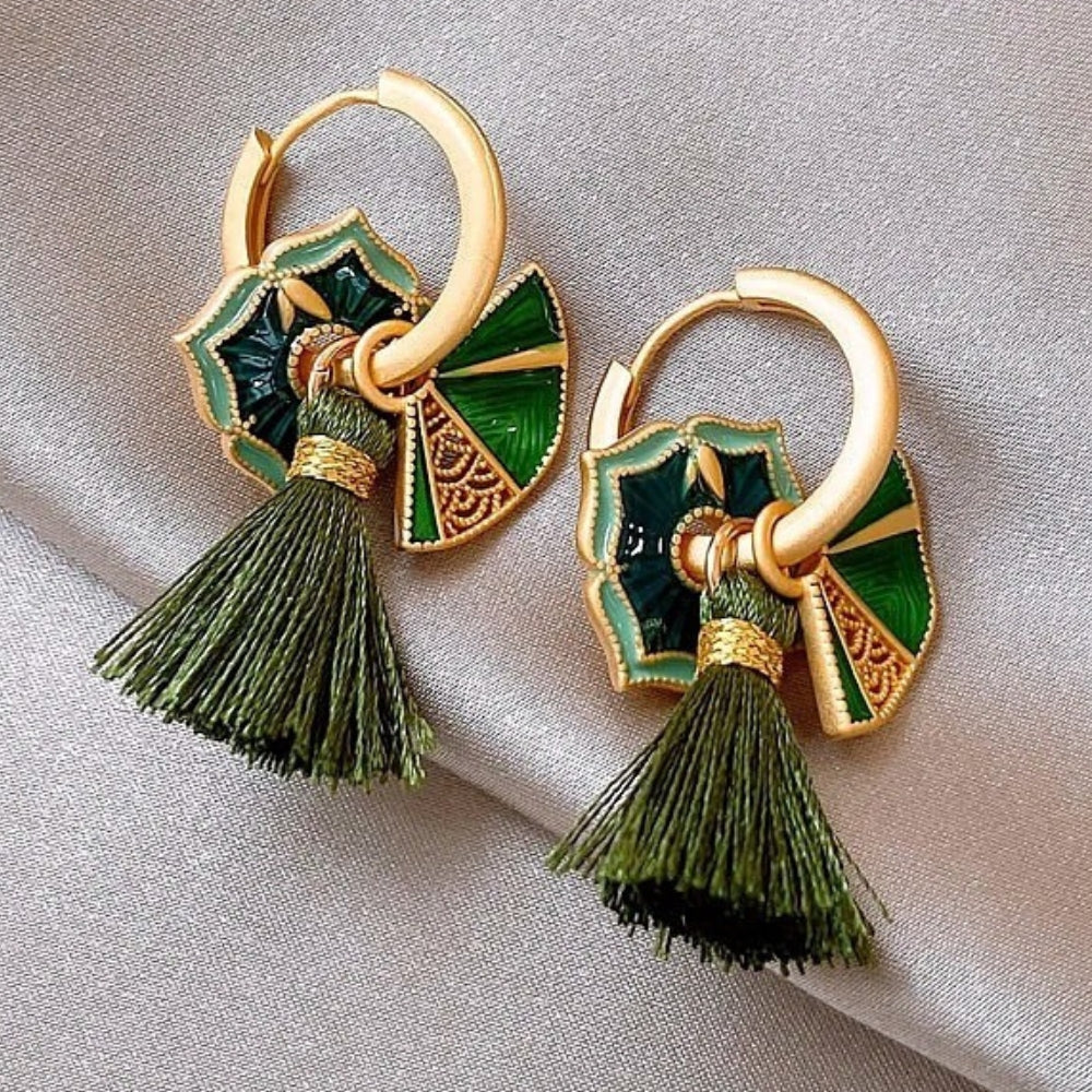 Vintage Gold & Green Floral Tassel Earrings-Mialla Jewelry