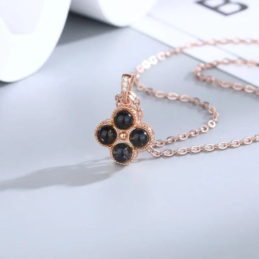 Vintage Blue Amber Clover Pendant Necklace-Mialla Jewelry