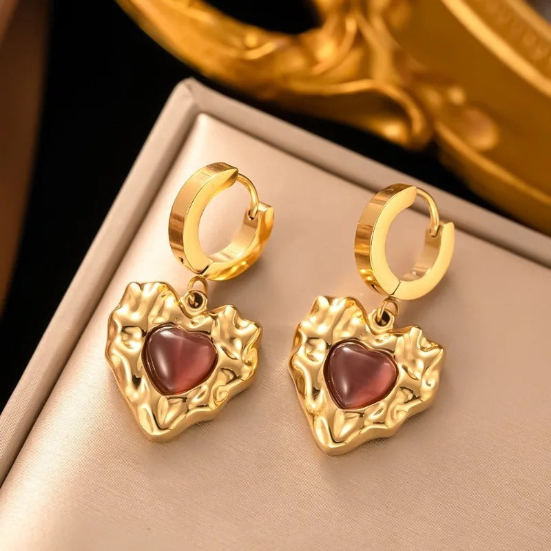 Gold Textured Heart Drop Earrings-Mialla Jewelry