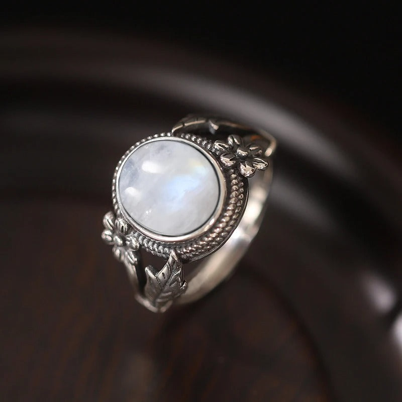 Vintage Floral Moonstone Silver Ring-Mialla Jewelry