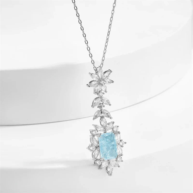 Vintage Ice Blue Floral Silver Necklace-Mialla Jewelry
