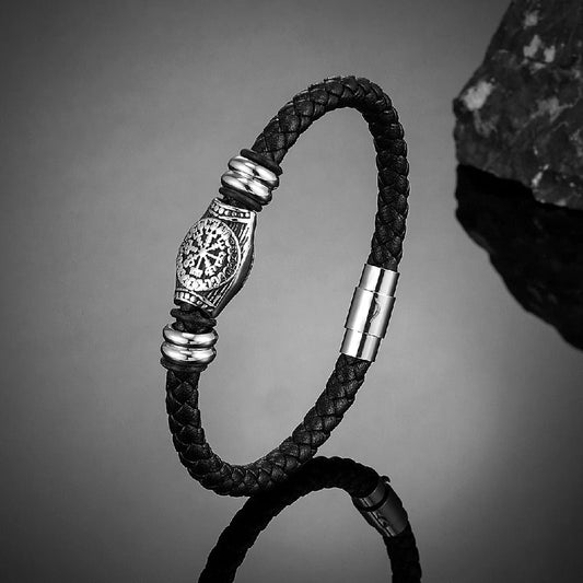 Braided Black Viking Compass Leather Bracelet-USA Jewellery
