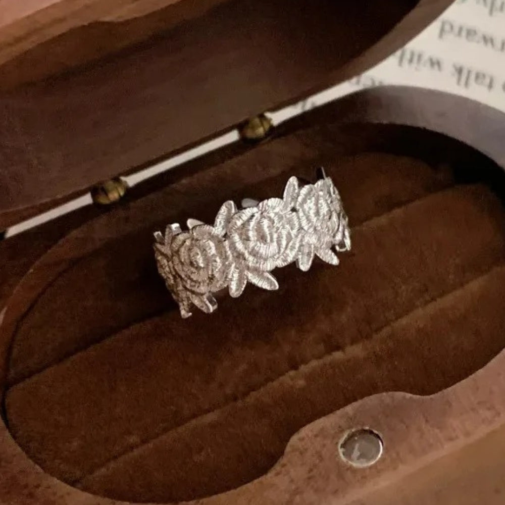Classic Silver Rose Pattern Band Adjustable Ring-Mialla Jewelry