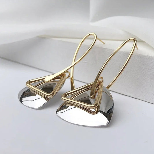 Retro Gold Triangular Silver Pendant & Curved Hook Earrings-Mialla Jewelry