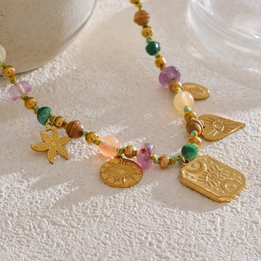 Vintage Gold Multi-Charm Beaded Necklace-Mialla Jewelry