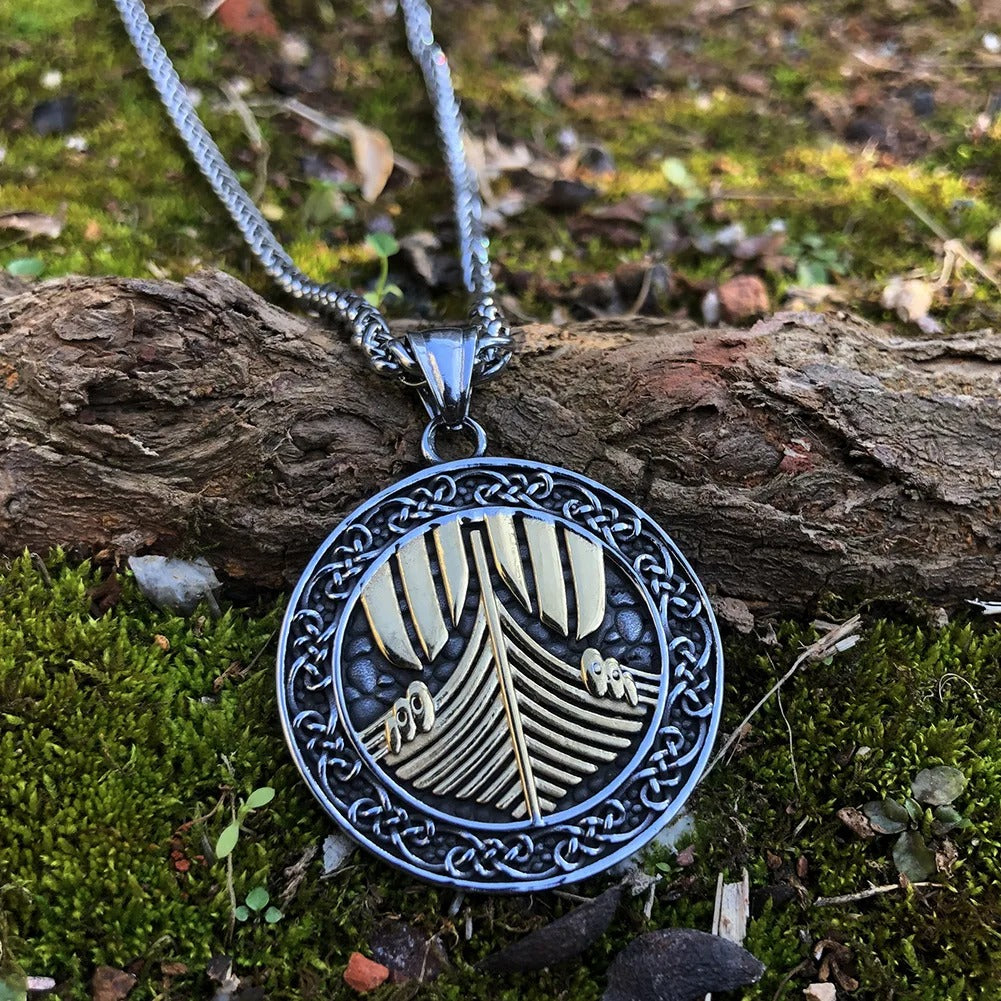 Engraved Nordic Ship Pendant Necklace-Mialla Jewelry