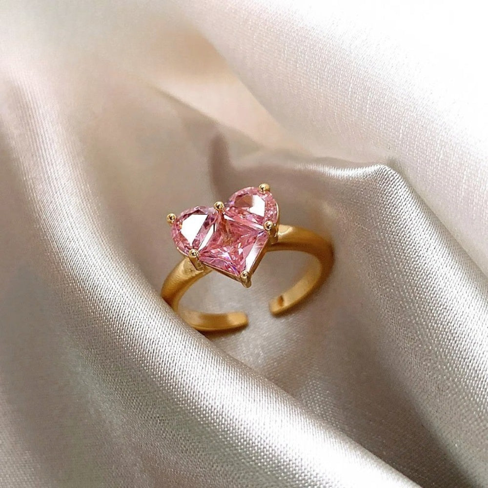 Vintage Gold Heart-Shaped Pink Gem Open Ring-Mialla Jewelry