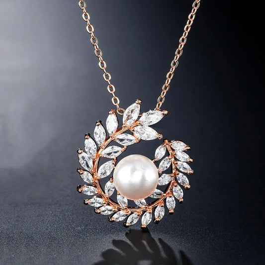 Rose Gold Wreath Pearl Pendant Necklace-USA Jewellery