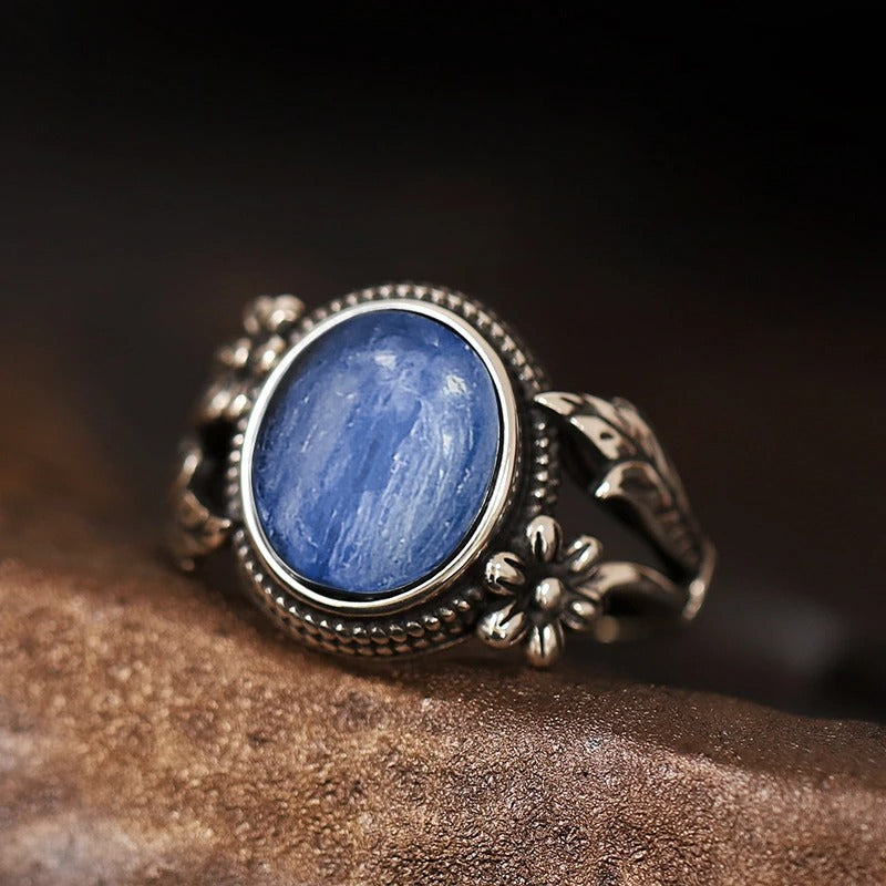 Vintage Floral Royal Blue Silver Ring-Mialla Jewelry