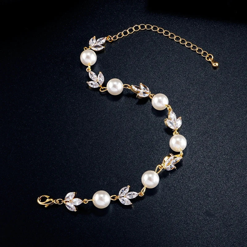 Vintage Pearl & Leaf Gold Bracelet-Mialla Jewelry