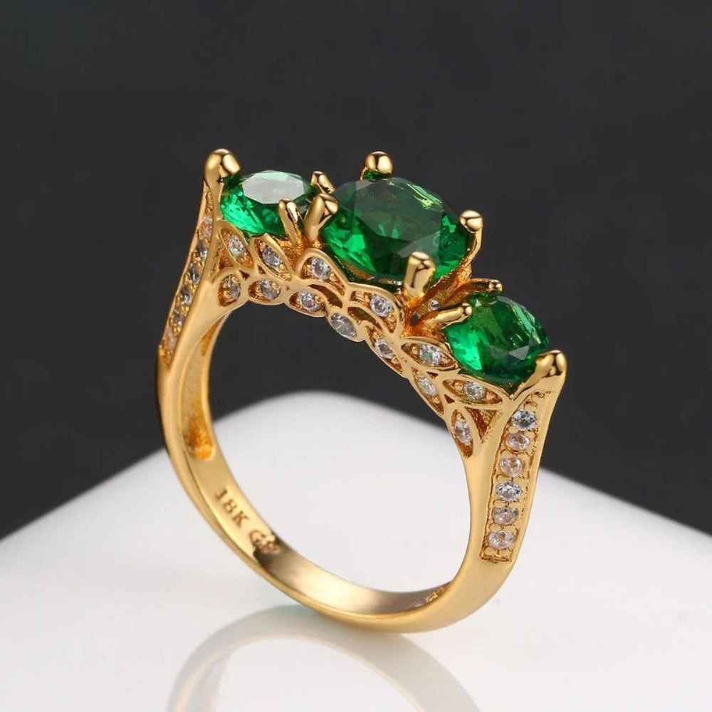 Classic Gold Three-Green Gem & Silver Accent Ring-Mialla Jewelry