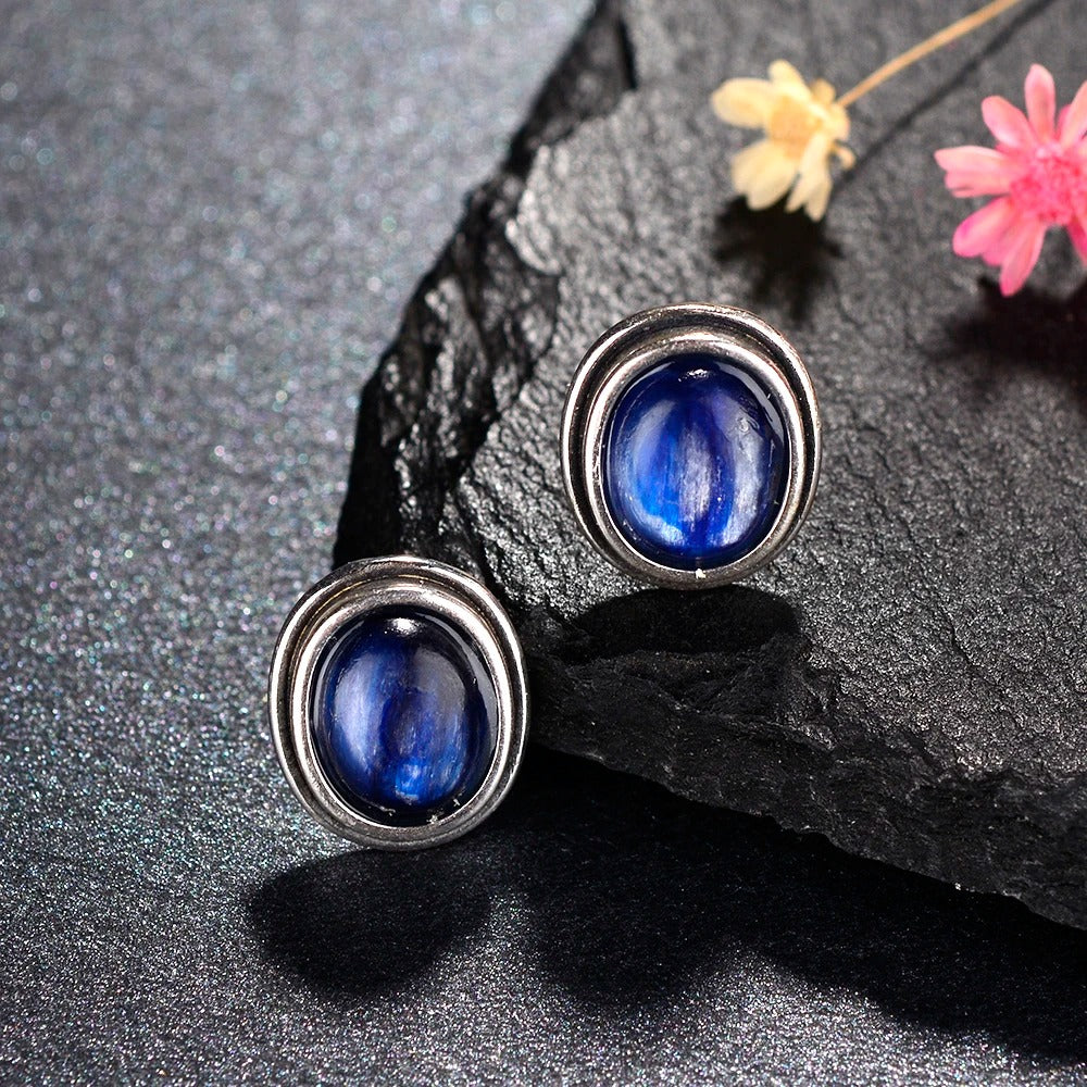 Silver Midnight Blue Gem Earrings-Mialla Jewelry