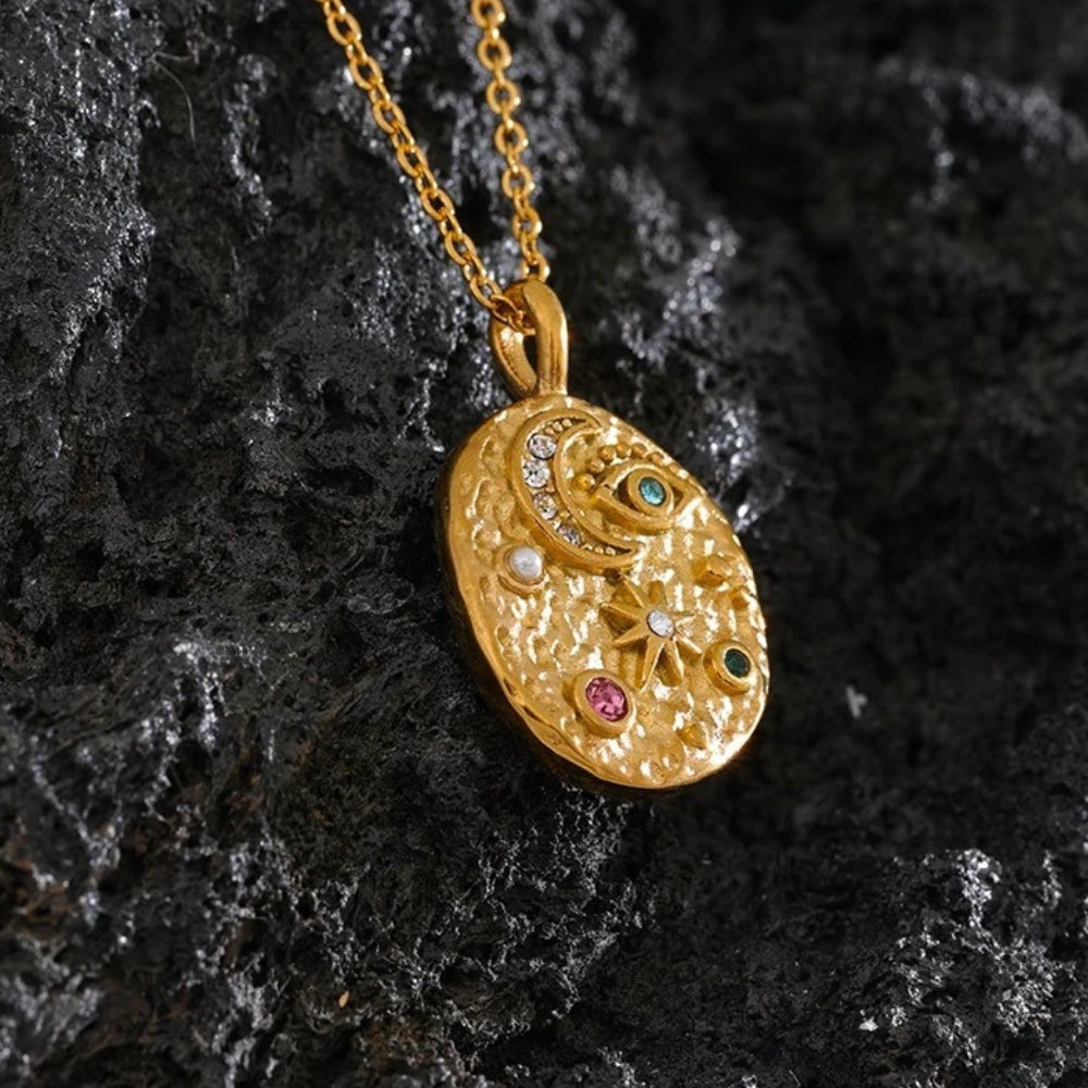 Vintage Gold Moon & Star Pendant Necklace-Mialla Jewelry