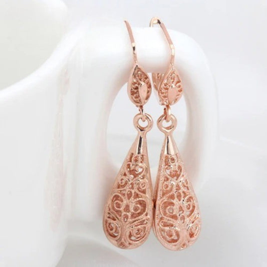 Vintage Rose Gold Scrollwork Filigree Teardrop Earrings-Mialla Jewelry