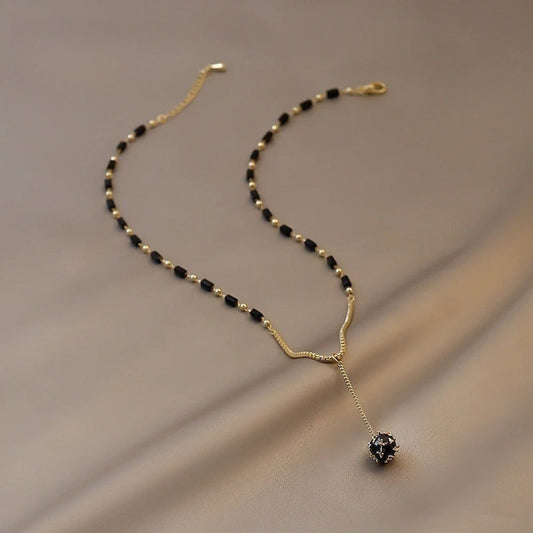 Vintage Gold Black Bead Drop Necklace-Mialla Jewelry