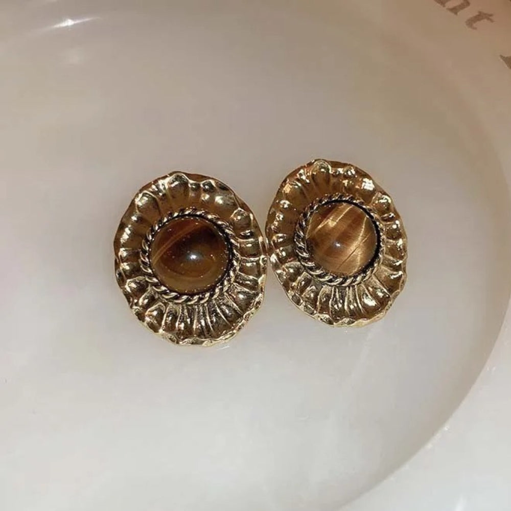 Vintage Gold Brown Oval Stud Earrings-Mialla Jewelry