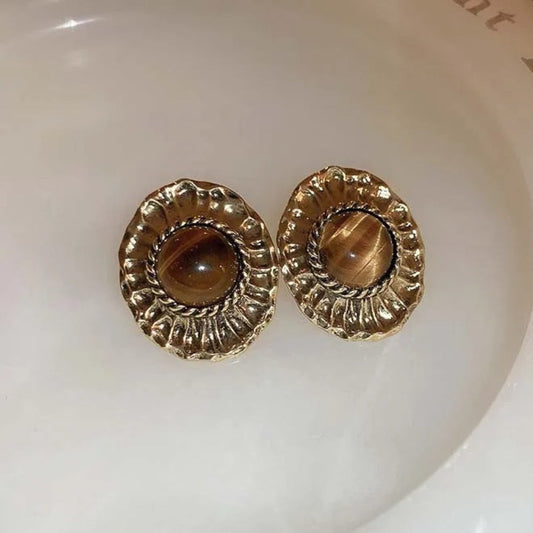 Vintage Gold Brown Oval Stud Earrings-Mialla Jewelry