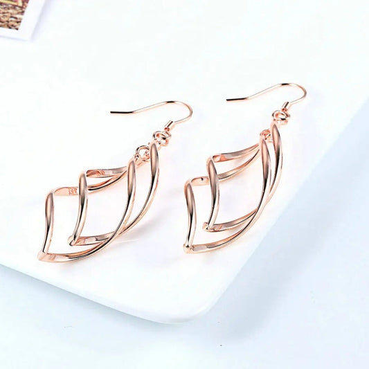 Rose Gold Intricate Wavy Layer Pattern Drop Earrings-Mialla Jewelry