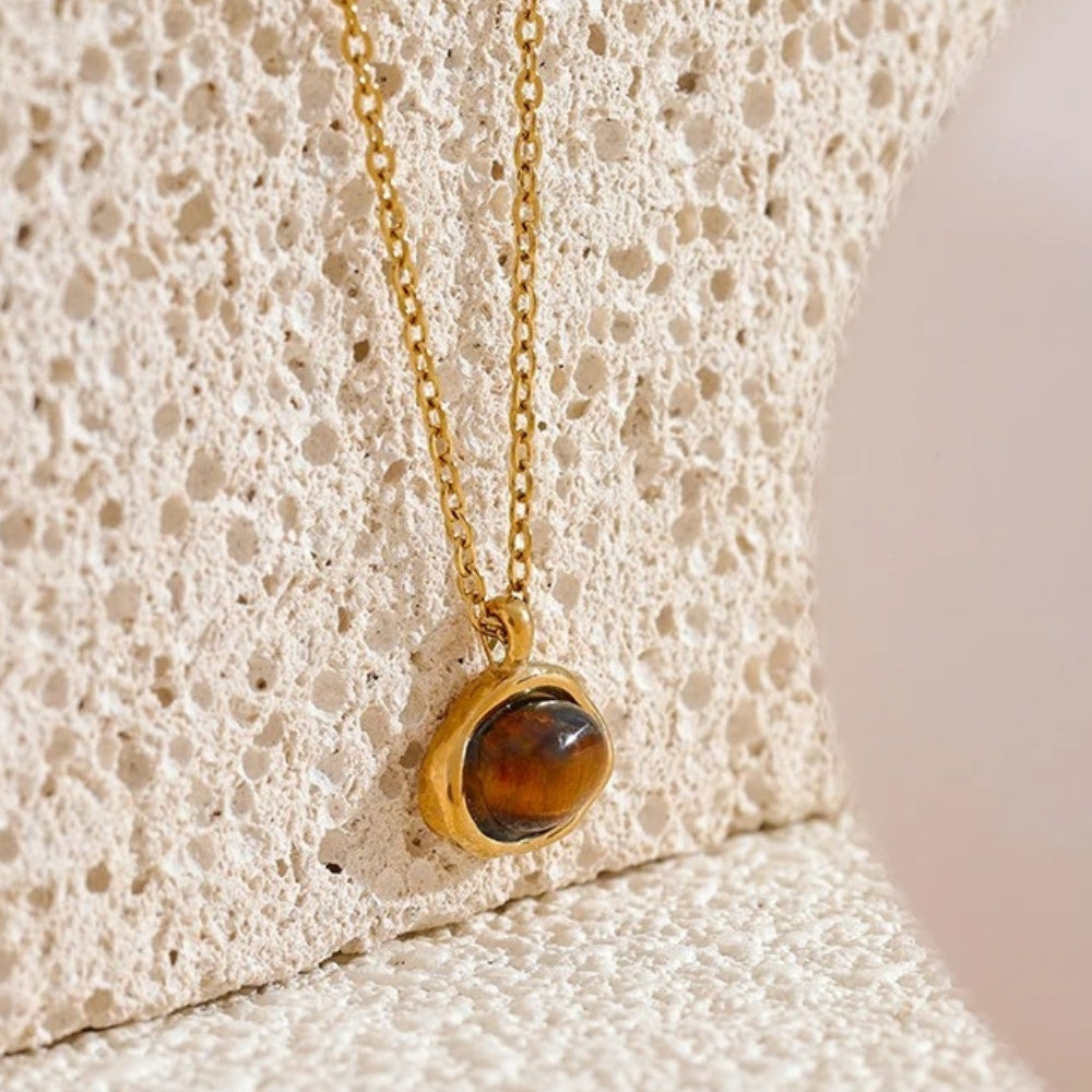 Gold Round Brown Gem Pendant Necklace-Mialla Jewelry