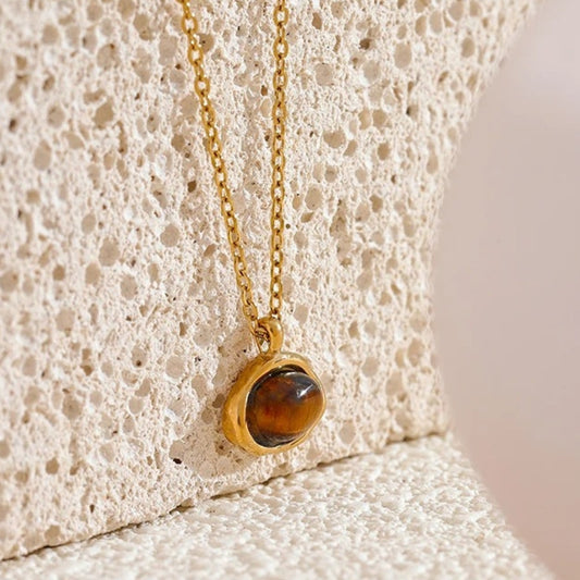 Gold Round Brown Gem Pendant Necklace-Mialla Jewelry