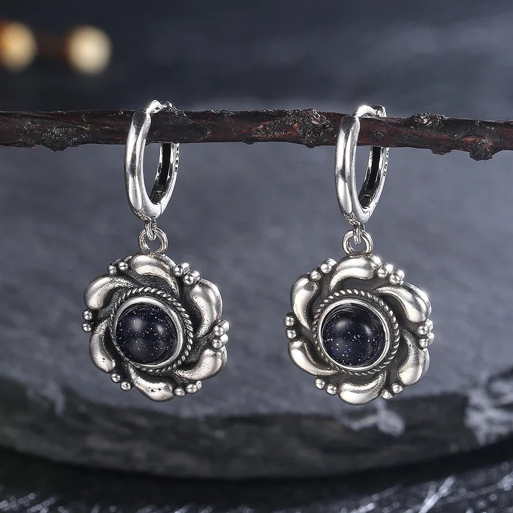 Vintage Silver Blue Sandstone Earrings-Mialla Jewelry