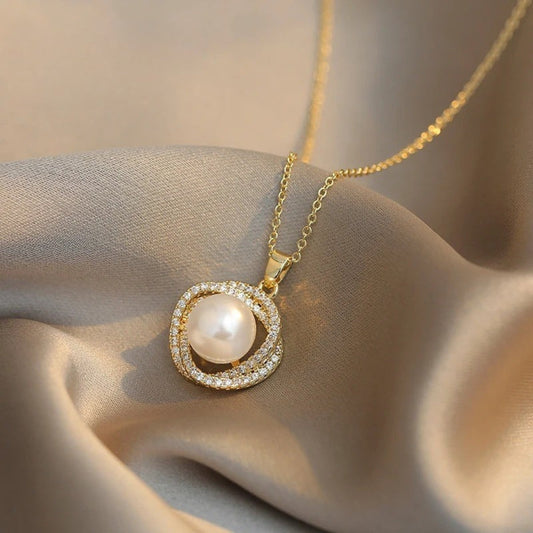 Gold Twisted Circle Pearl Pendant Necklace-Mialla Jewelry
