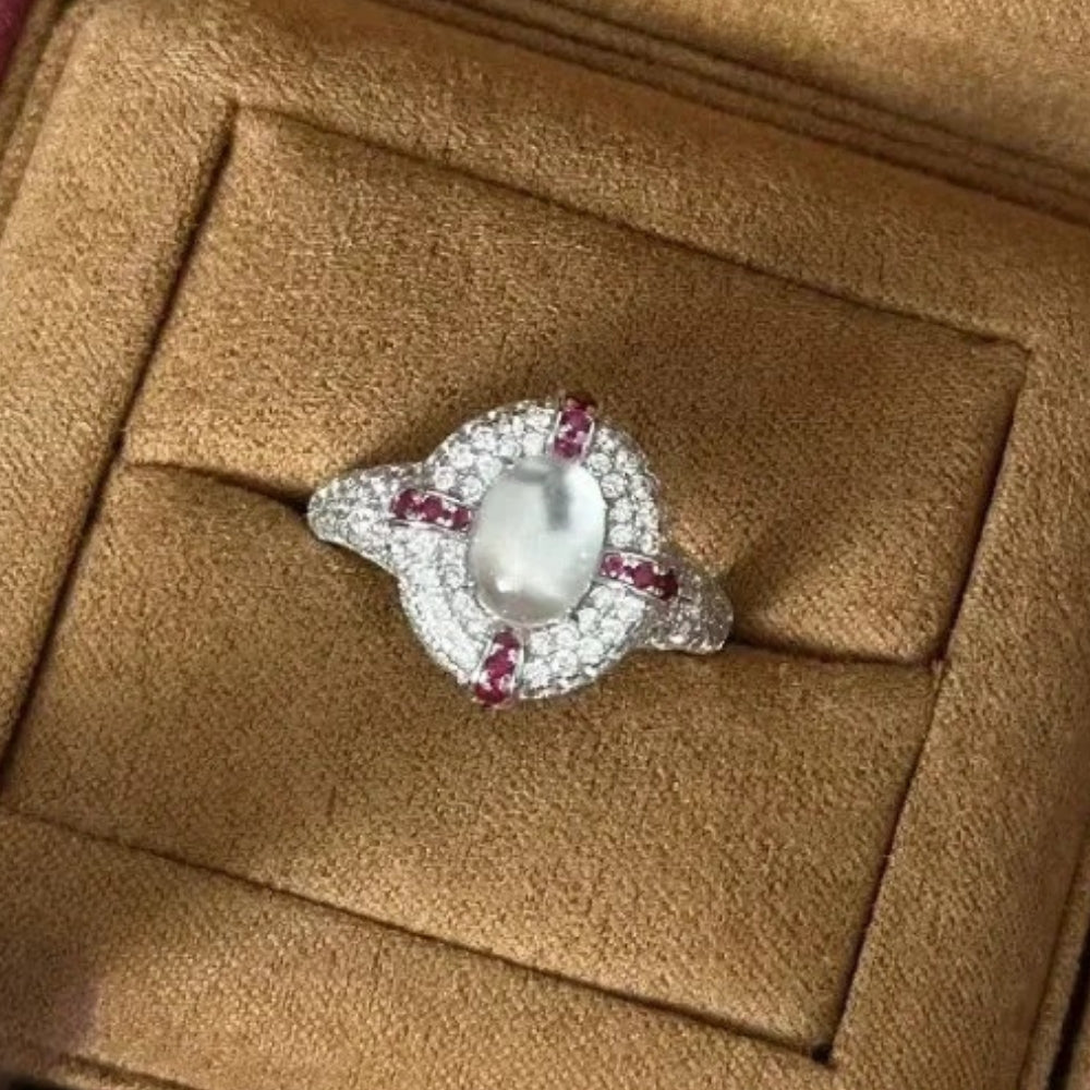 Retro Silver & Ruby Oval Cluster Ring-Mialla Jewelry