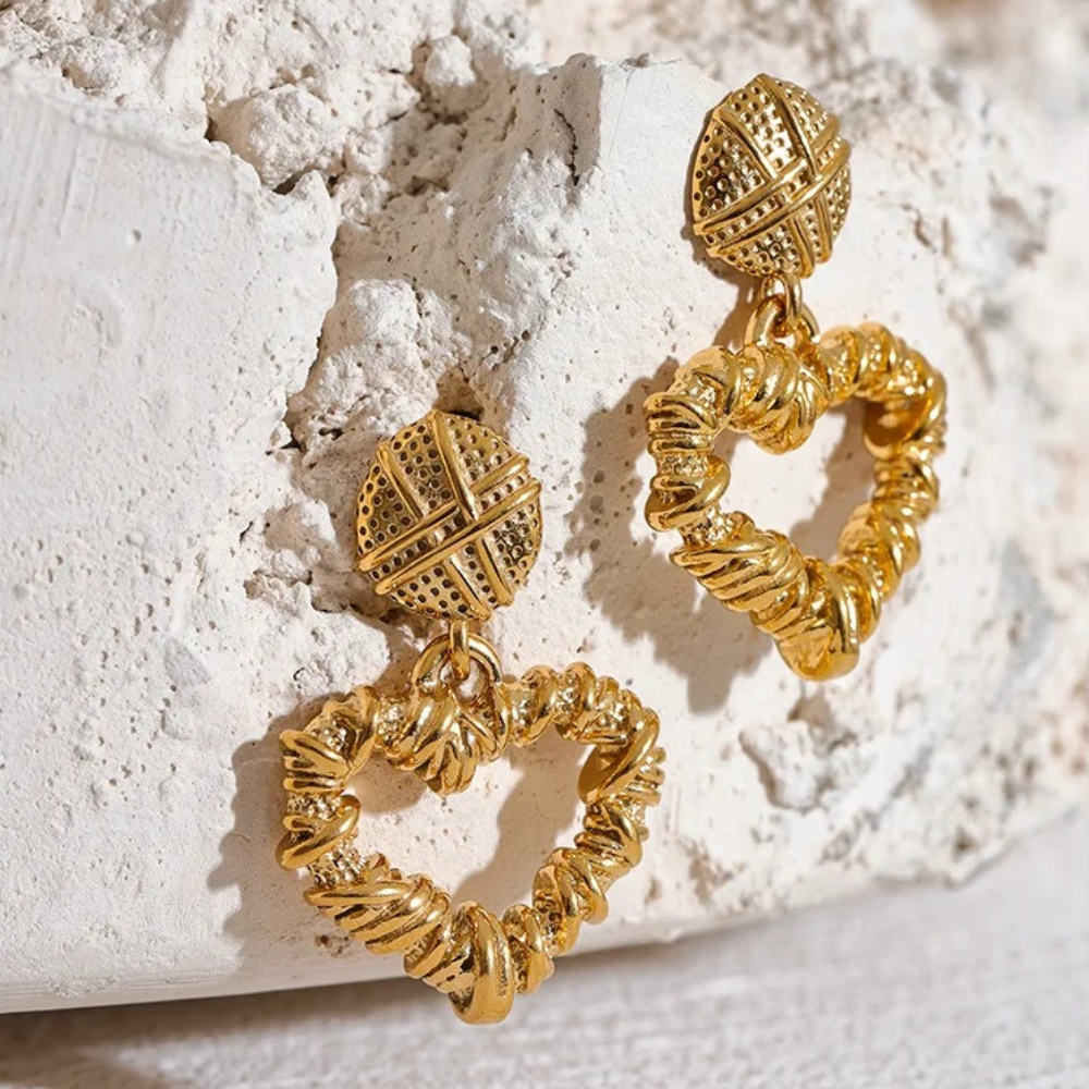 Vintage Gold Textured Heart Earrings-Mialla Jewelry